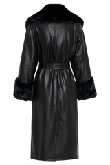 Rebekah Oversized Pu Trench Coat With Fur Trim - Black
