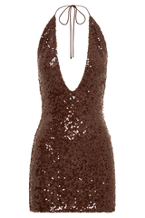 Cecilia Deep V Sequin Mini Dress - Dark Chocolate