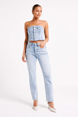 Sandy Buttoned Denim Tube Top - Mid Blue