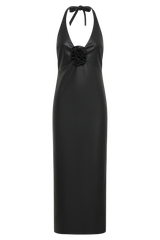 Dori Faux Leather Rose Midi Dress - Black