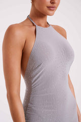 Kali Hot Fix Mesh Halter Maxi Dress - Gunmetal